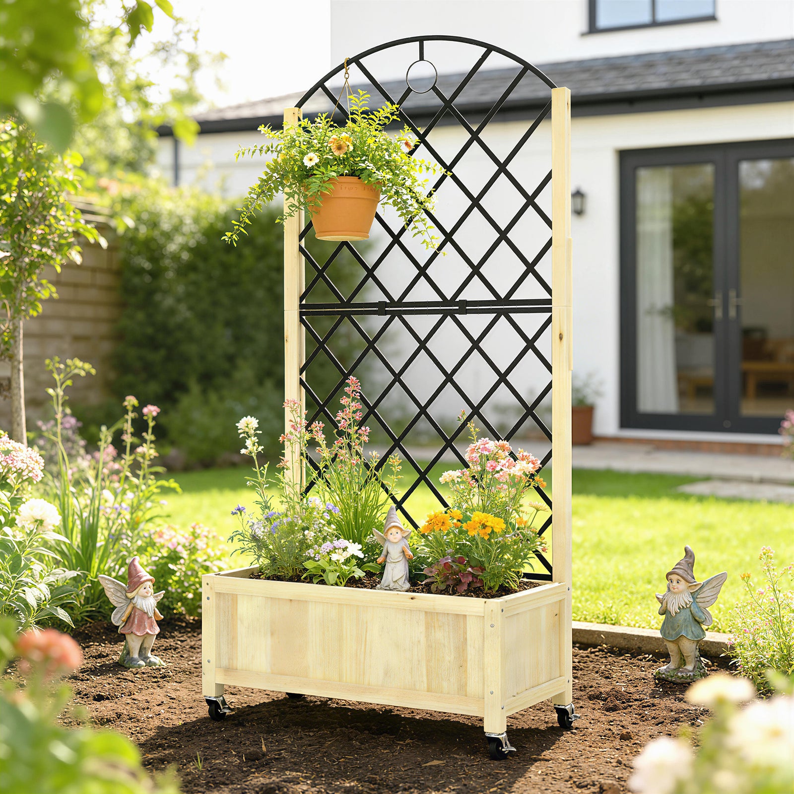 Garden Bed W/metal Trellis, Wooden Elevated Planter Box | Light Brown