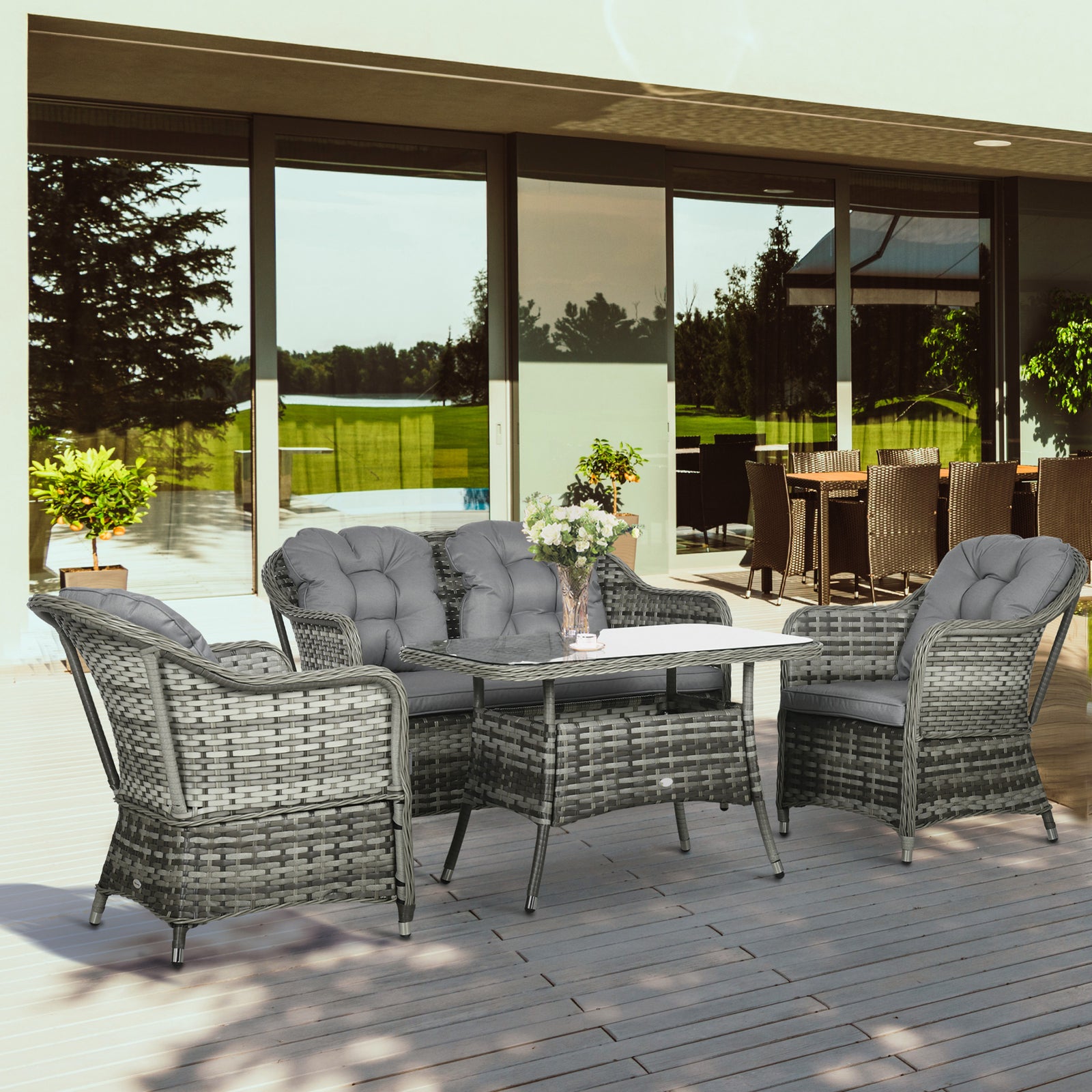 4 Pcs Rattan Set Padded Sofa W/ Glass Table