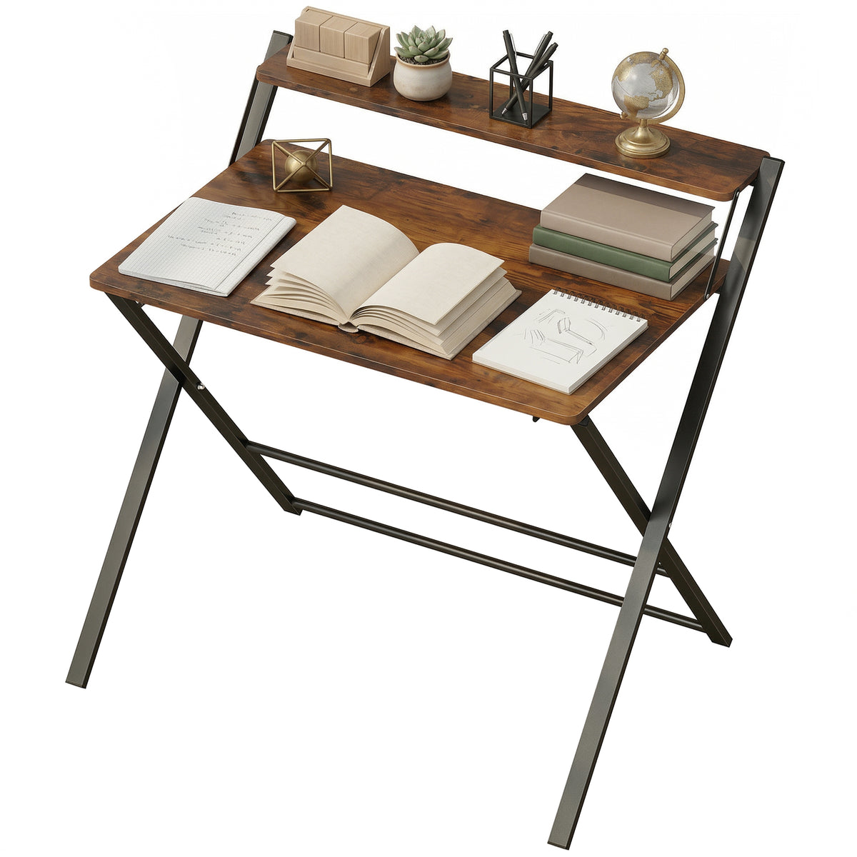 HOMCOM Folding Desk With 2-tier Shelf For Home Office