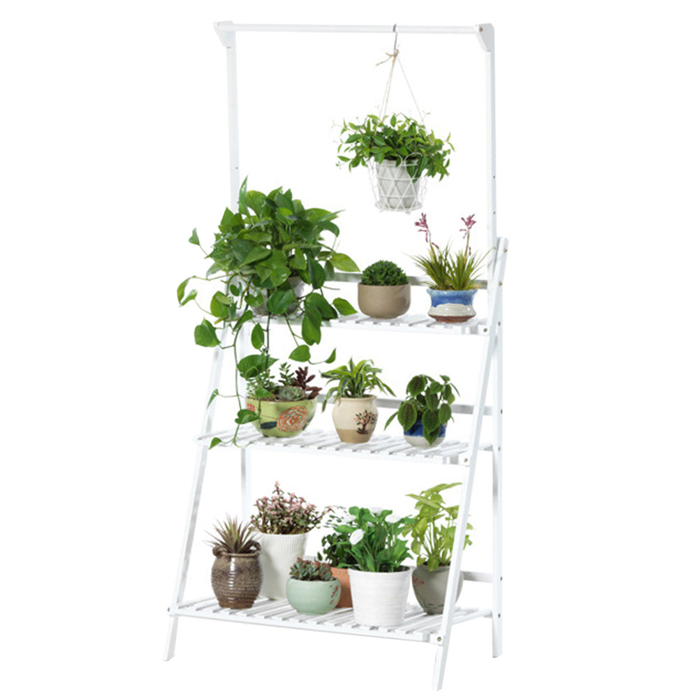 3-tier Foldable Wooden Ladder Shelf With Hanging Rod | White