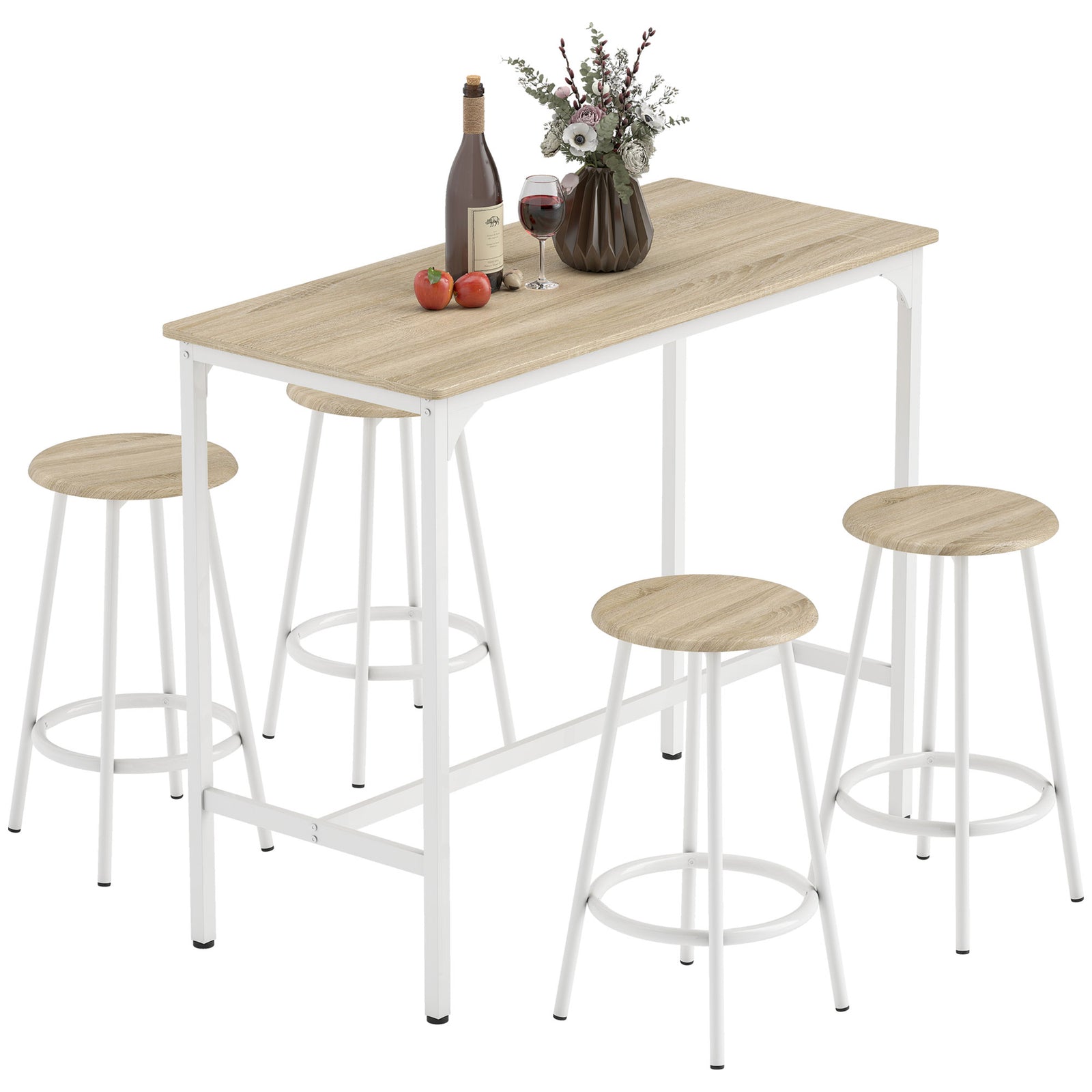 HOMCOM 5 Piece Bar Table And Stools Set With Metal Frame Natural Wood