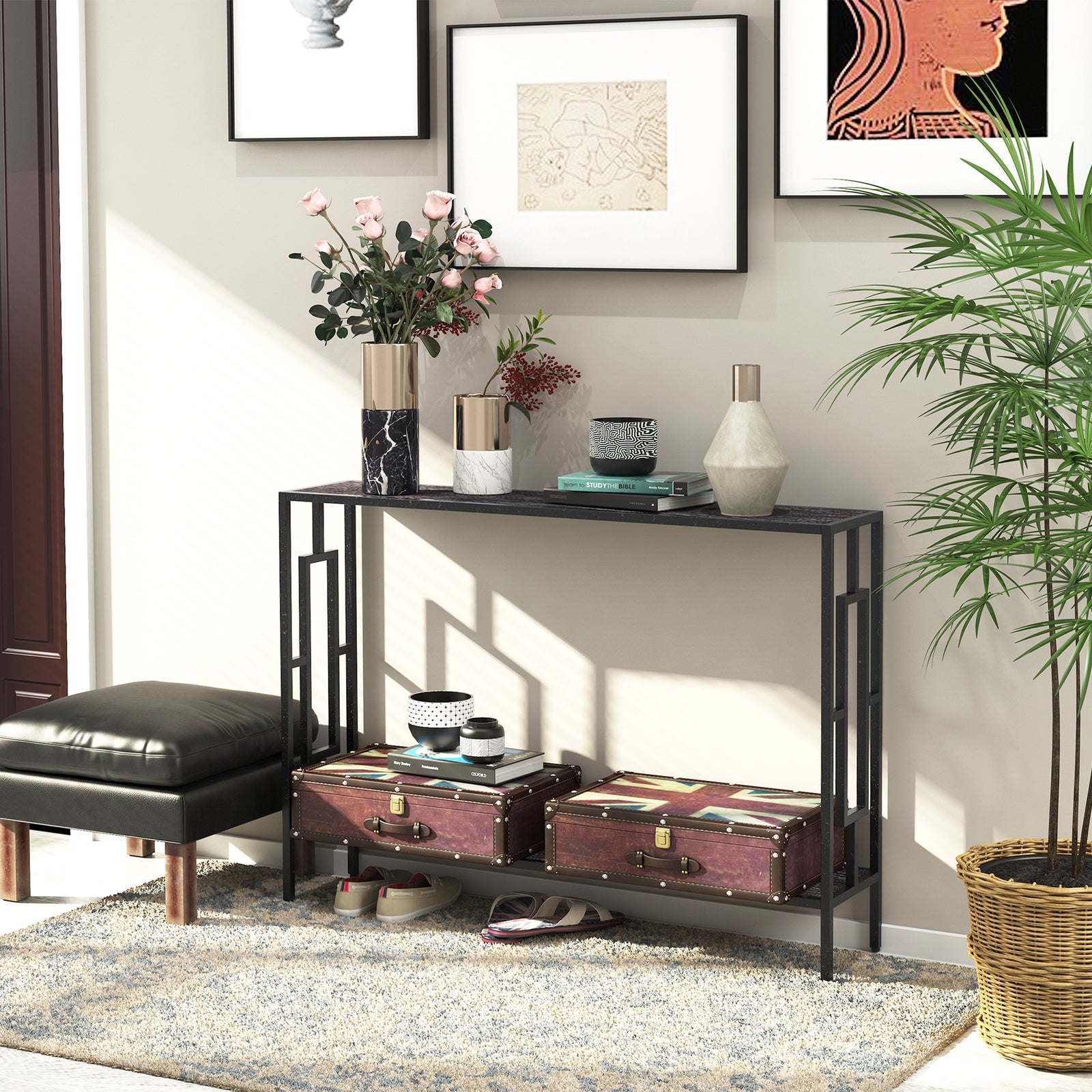 Industrial Console Table W/ Storage Shelf Black Metal Frame | One Size