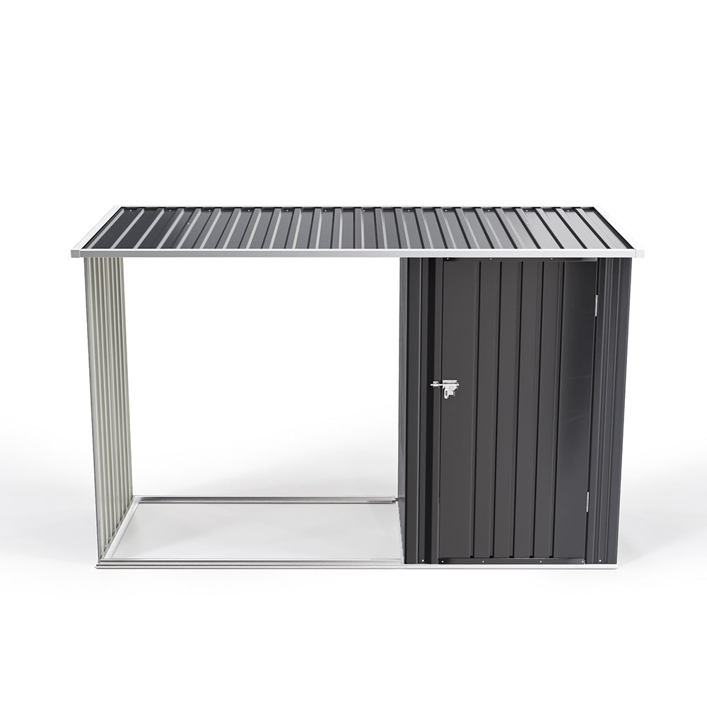 2.5m W Steel Outdoor Garden Storage Shed With Log Stacking Rack | Charcoal Black