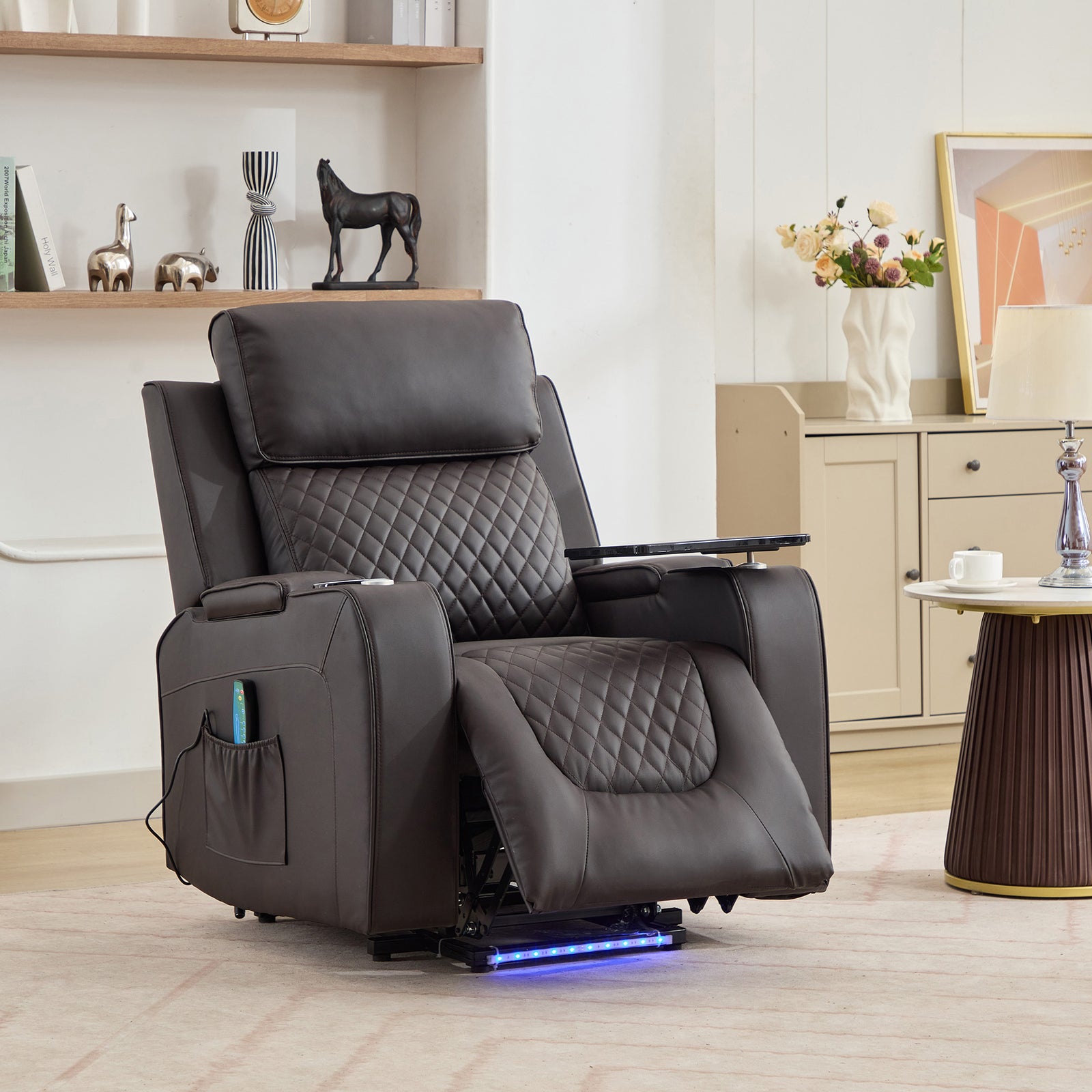 Byron Electric Riser Recliner Chair With Massage And Heat, Drink Cooler, Table | Brown