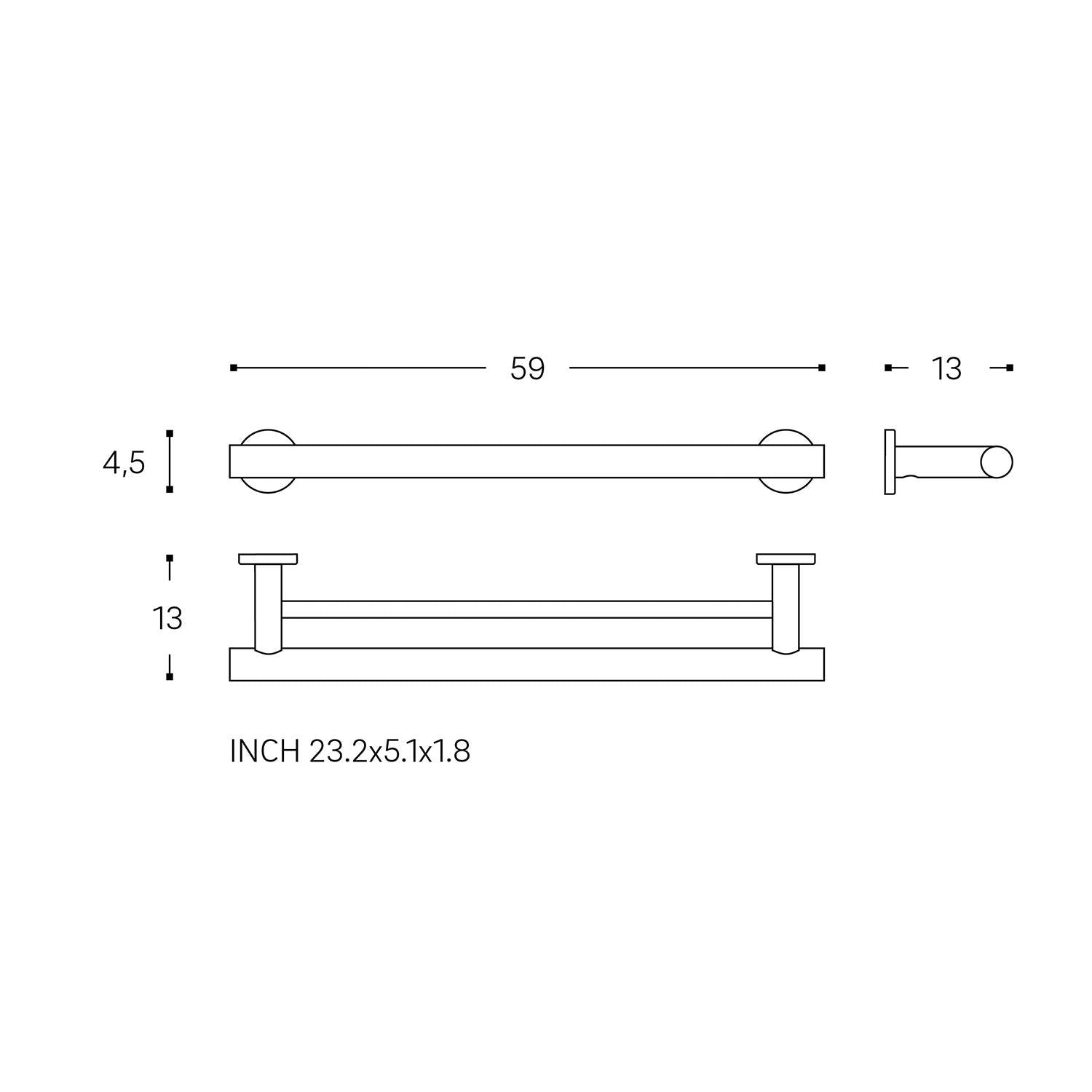Double Towel Rail 59cm, Up To 10kg, Silver, Architect S+ Collection