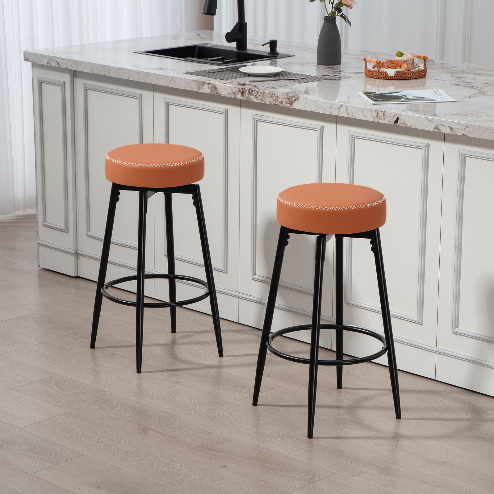 Swivel Bar Stools Set Of 2, Pu Leather Barstools With Footrest | Brown