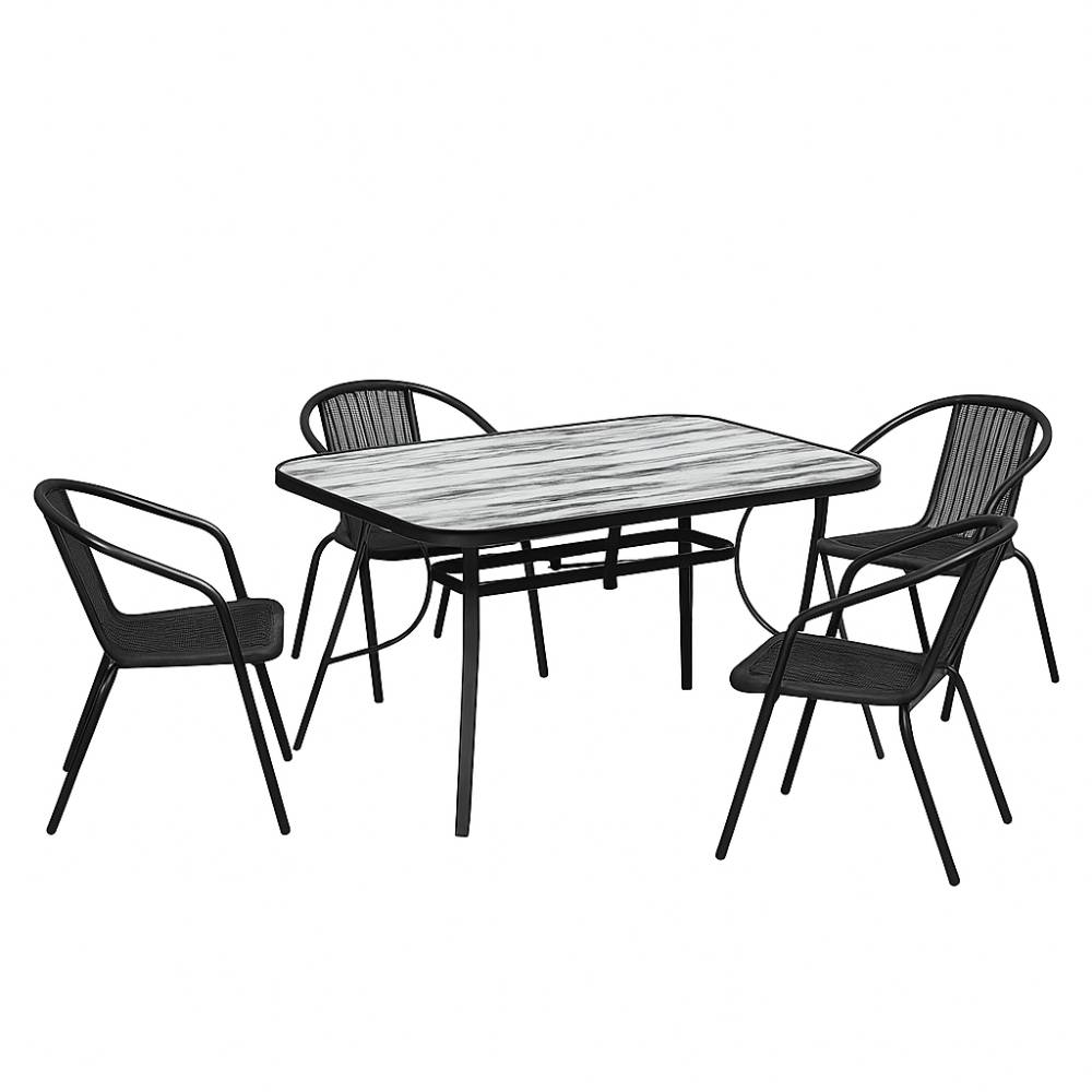 5 Pcs Garden Dining Set Coffee Table With Pe Rattan Chairs with Parasol Hole