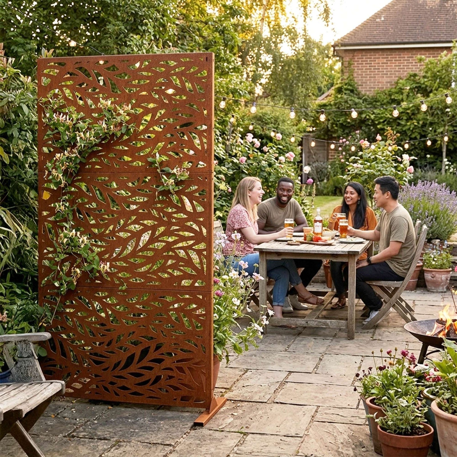 Indoor Outdoor Metal Privacy Screen - Leaf Pattern | Rust