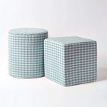 HOMESCAPES Blue Gingham Check Round Pouffe Cotton 40 X 42 Cm