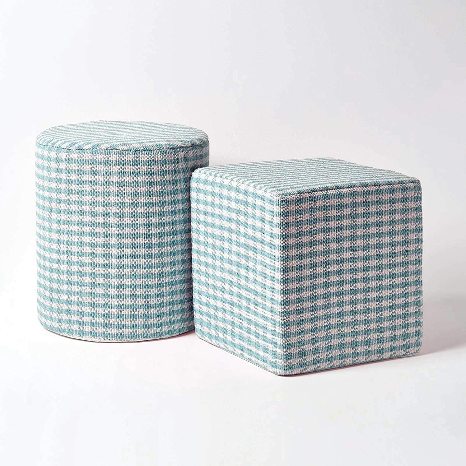 HOMESCAPES Blue Gingham Check Round Pouffe Cotton 40 X 42 Cm
