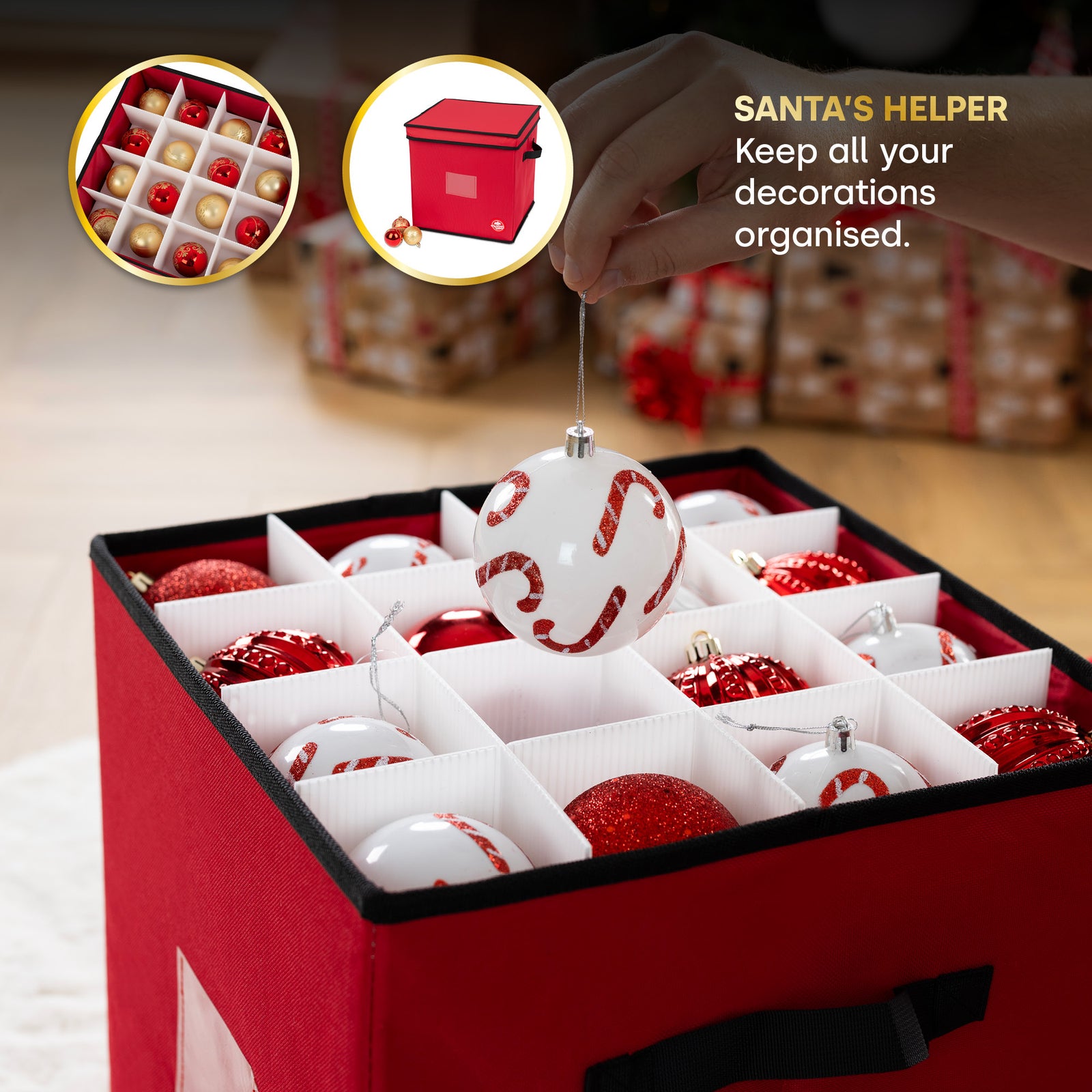 Collapsible Red 64 Bauble Storage Bag With Zipped Lid & Handles