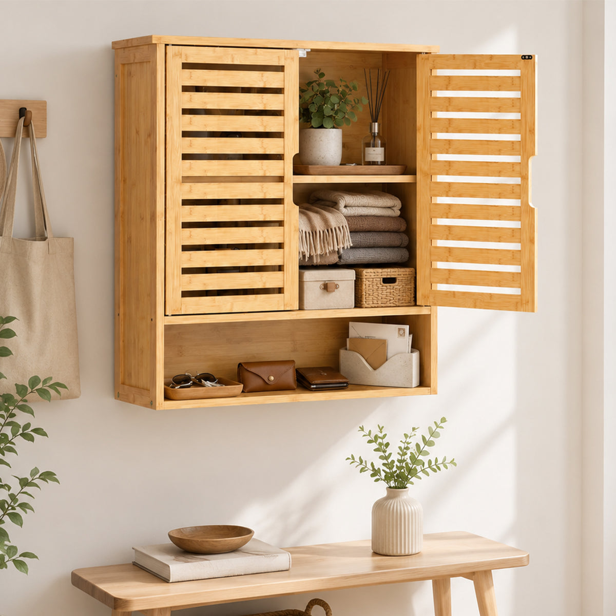 HOMCOM Wall Mounted Bathroom Cabinet With 2 Louvered Doors, Open Shelf