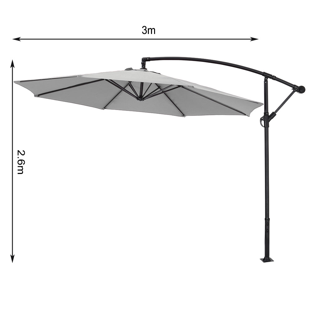 3m Banana Cantilever Patio Parasol For Outdoor Sunshade And Rain With Cross Base | One Size | Light Grey