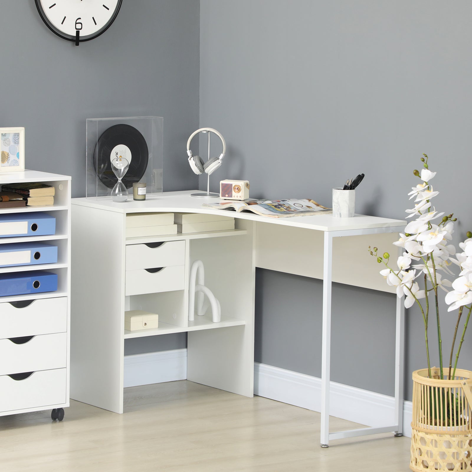 L-shaped Corner Computer Desk Study Table W/ Storage Shelf | White