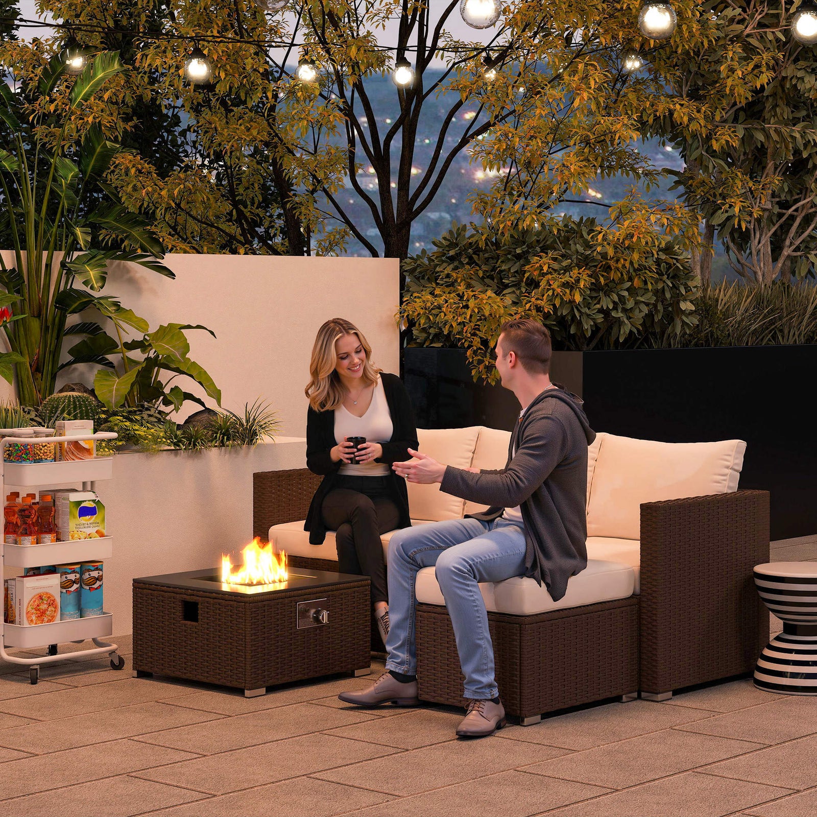 5 Piece Rattan Set With Gas Fire Pit | Brown
