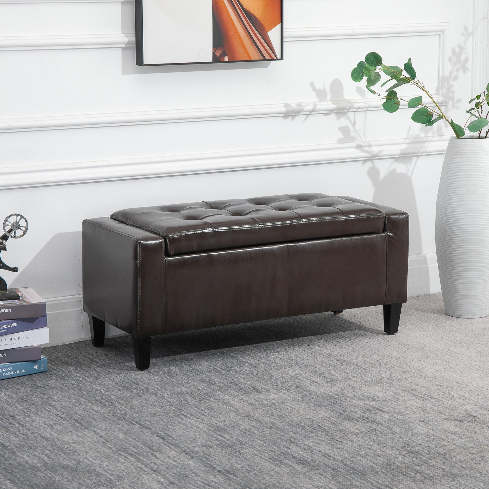Pu Leather Storage Bench, Wooden Frame | Brown