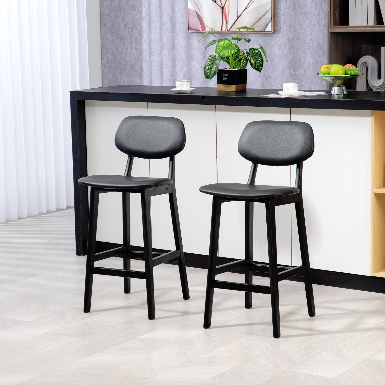 Breakfast Bar Stools Set W/ Pu Leather Wood | Black