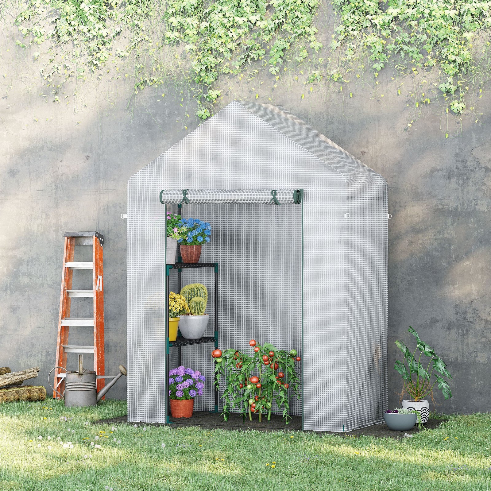 Greenhouse W/ 2 Tier Shelf & Roll-up Door - Clear | 143 x 73 x 195cm | Clear