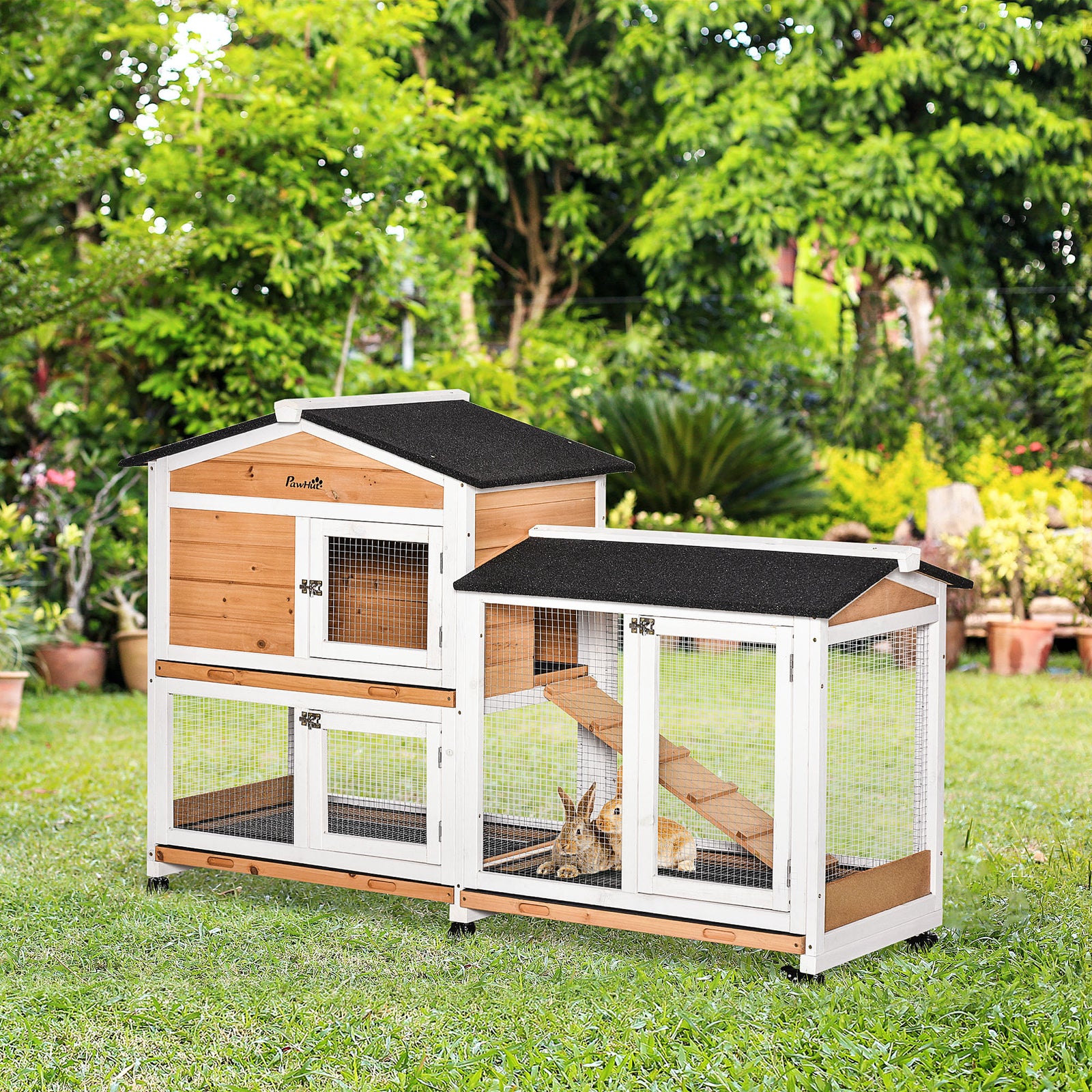 Wooden Rabbit Hutch Guinea Pig Cage W/ Wheels, Run, Ramp | Yellow