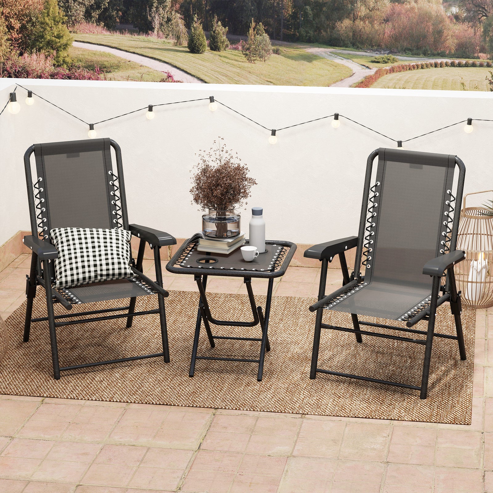3 Pieces Folding Garden Bistro Set With Cup Holders | Black