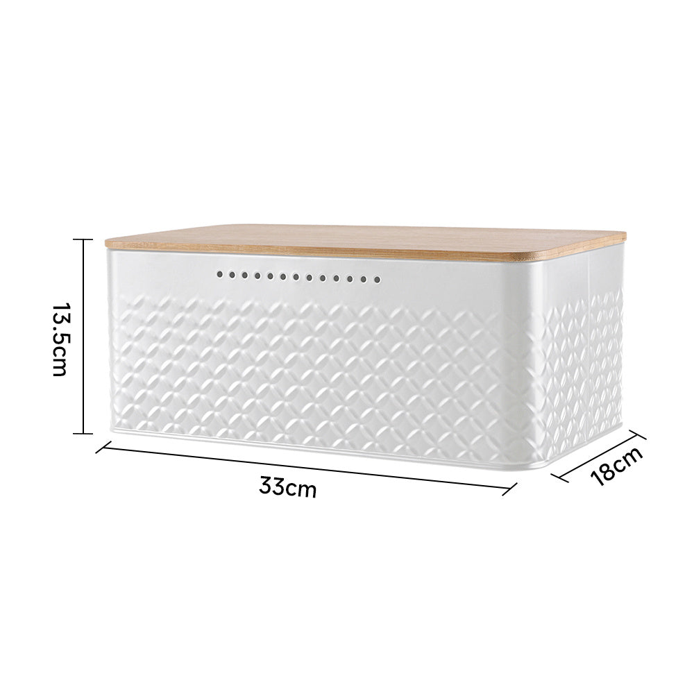 Countertop Metal Bread Box Container With Bamboo Lid | White