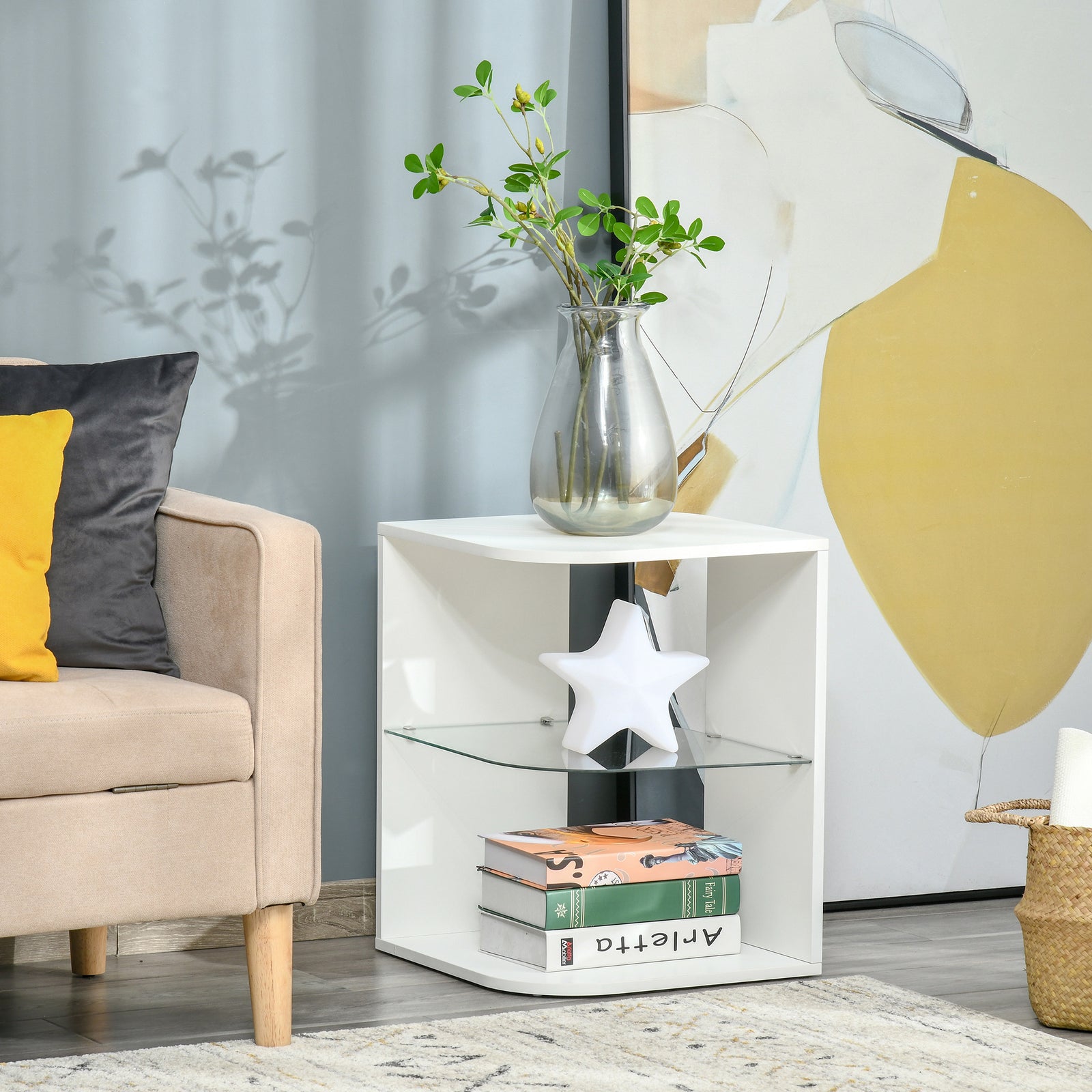 Side Table Three Layer Bedside Table Nightstand W/ 2 Shelves | White