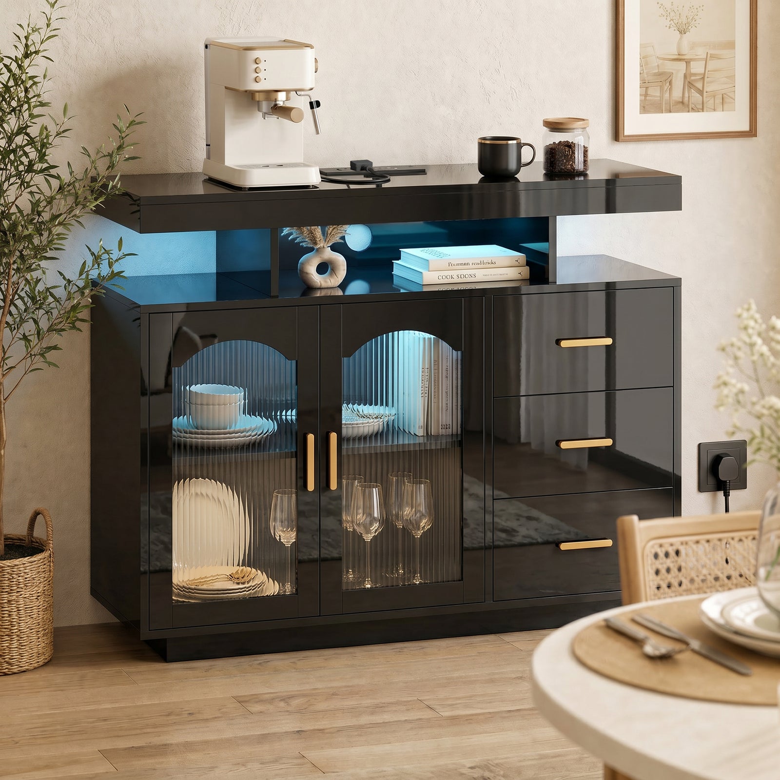 High Gloss Sideboard With Led Lights, Power Outlets, Drawers | Black