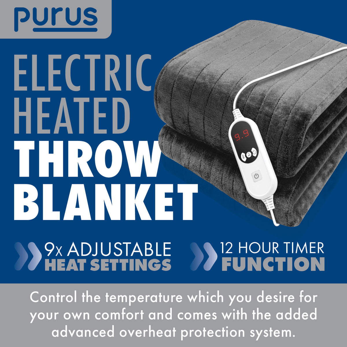 Deluxe Electric Throw Heated Double Over Blanket Soft Fleece 9 Heat & 12 Timer Settings | L | Grey