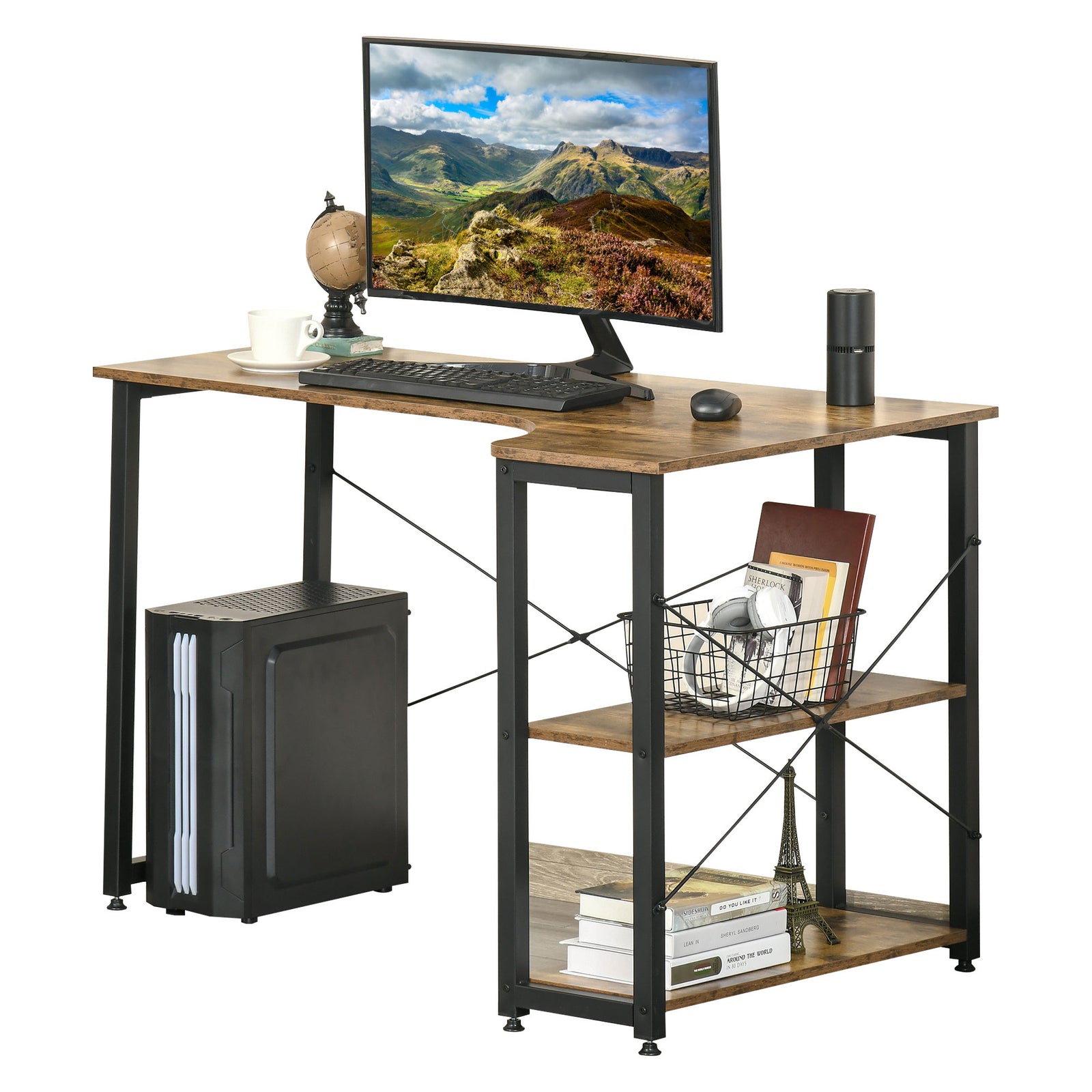 L Shaped Desk, 2 Shelves, Steel Frame