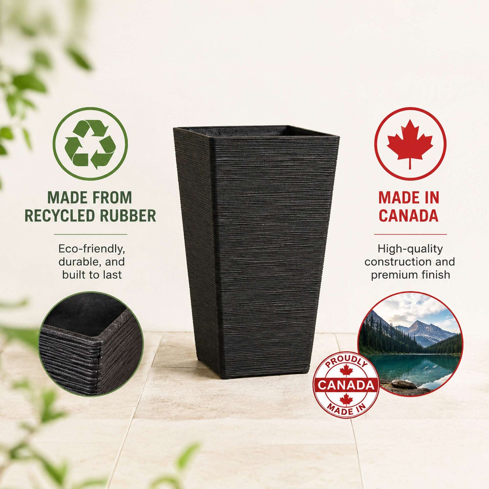 61cm Tall Textured Black Rubber Planters - Indoor Outdoor Planter | Set-of-1