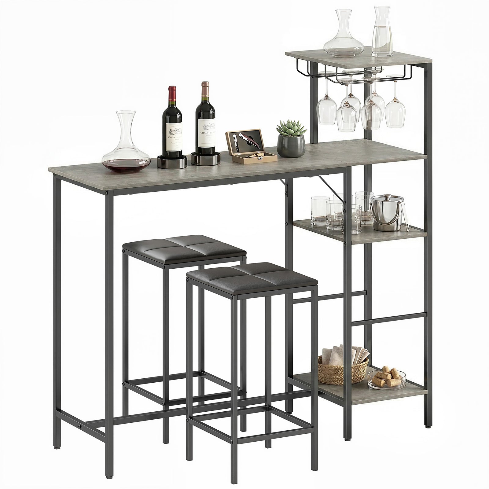 3pcs Breakfast Bar Table And Stools Set 4-tier Shelving | Grey
