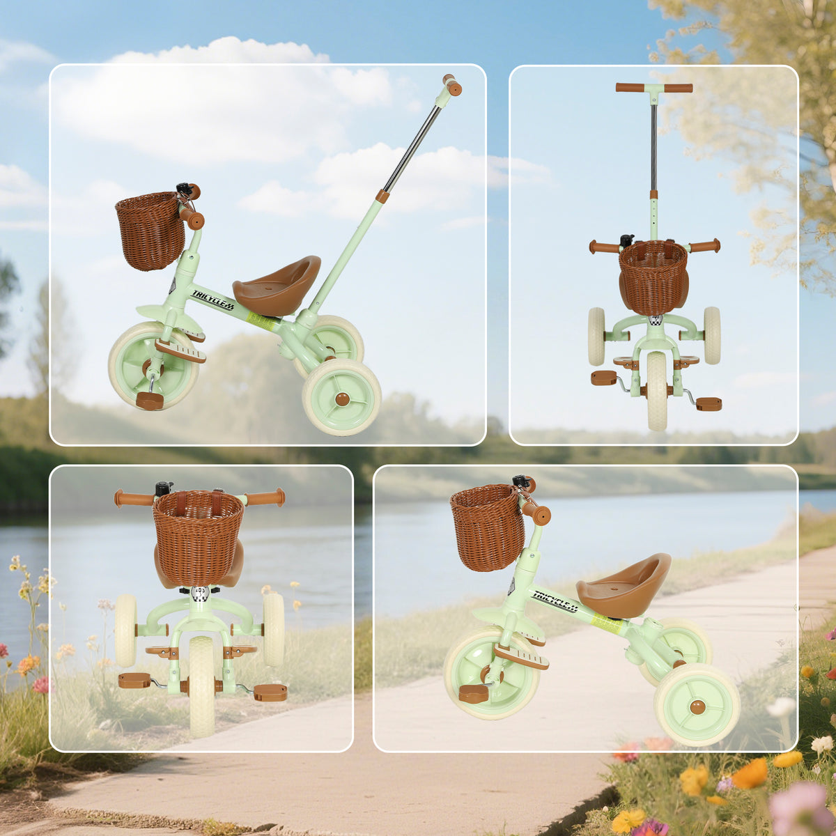 AIYAPLAY Toddler Trike With Adjustable Parent Handle Basket For Kids