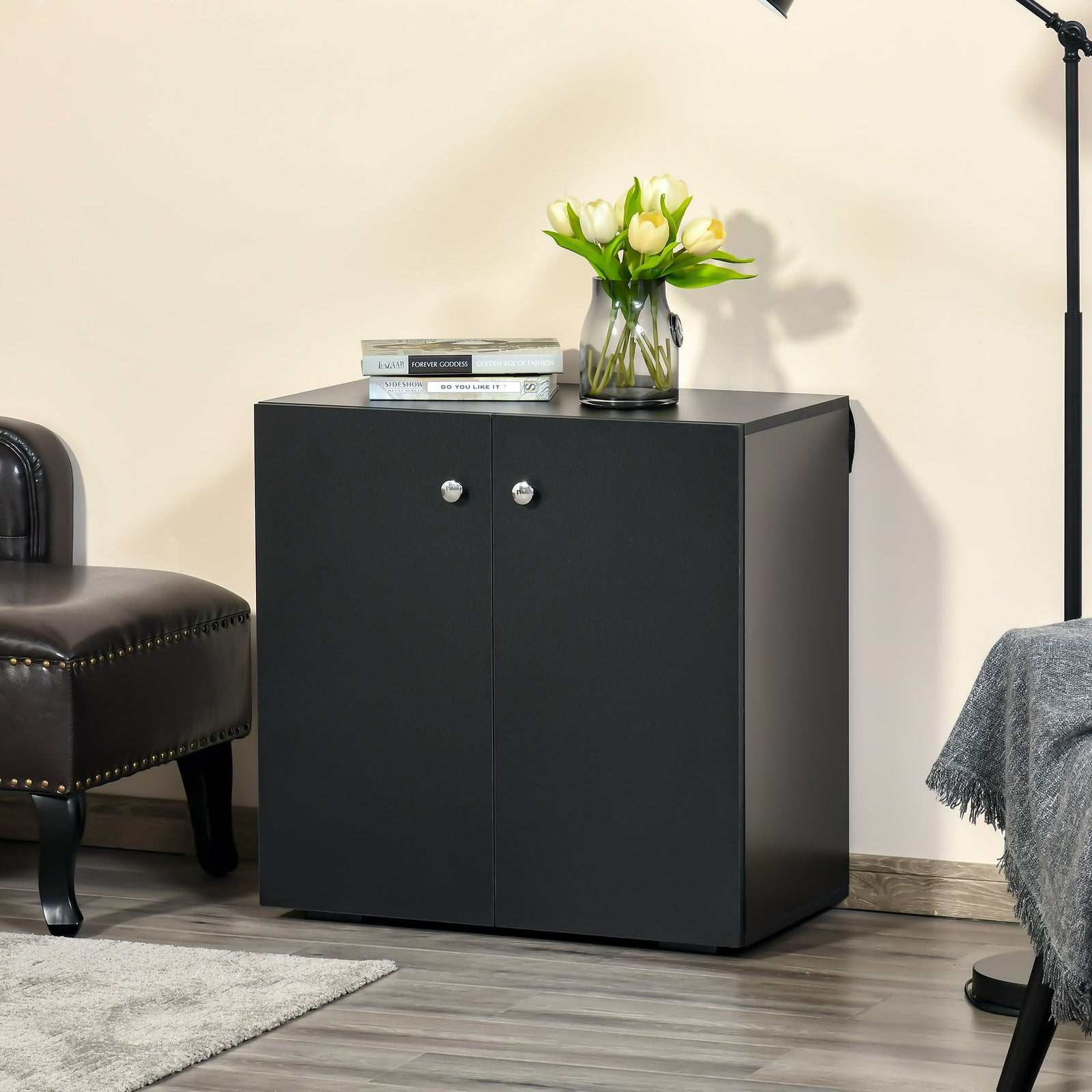 Freestanding Storage Cabinet Two Shelves Wooden Sideboard | One Size | Black
