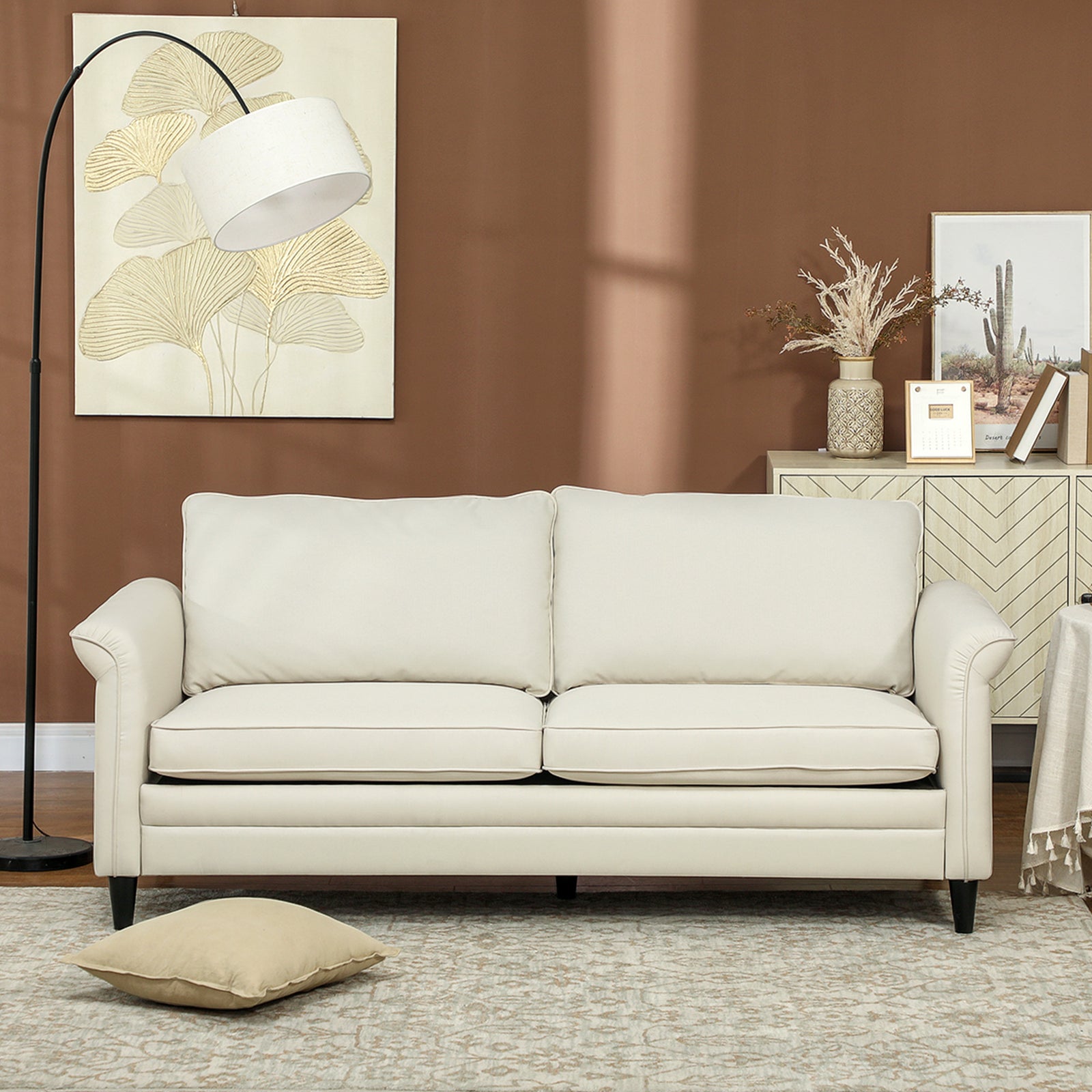 Modern 3 Seater Sofa For Living Room, Fabric Couch Settee | White