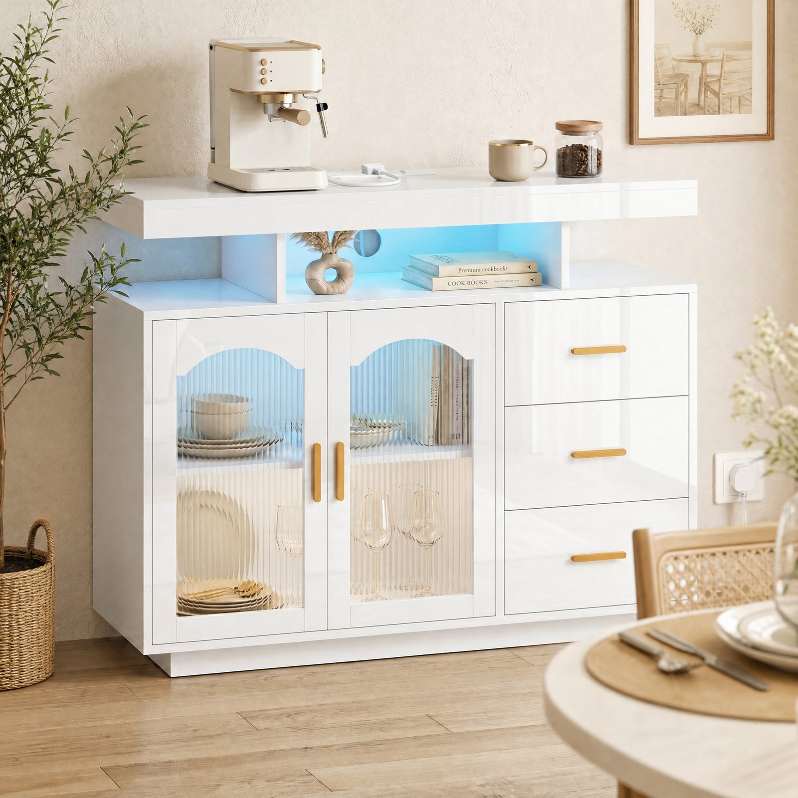 High Gloss Sideboard With Led Lights, Power Outlets, Drawers | White