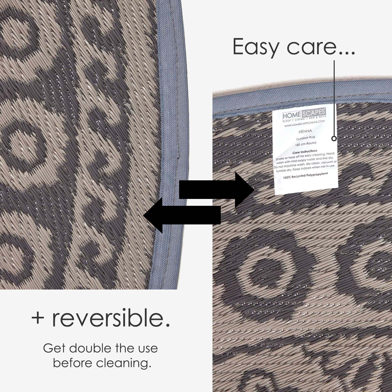 Luxury Outdoor Rug Waterproof Reversible Round For Garden Patio, Black Mandala