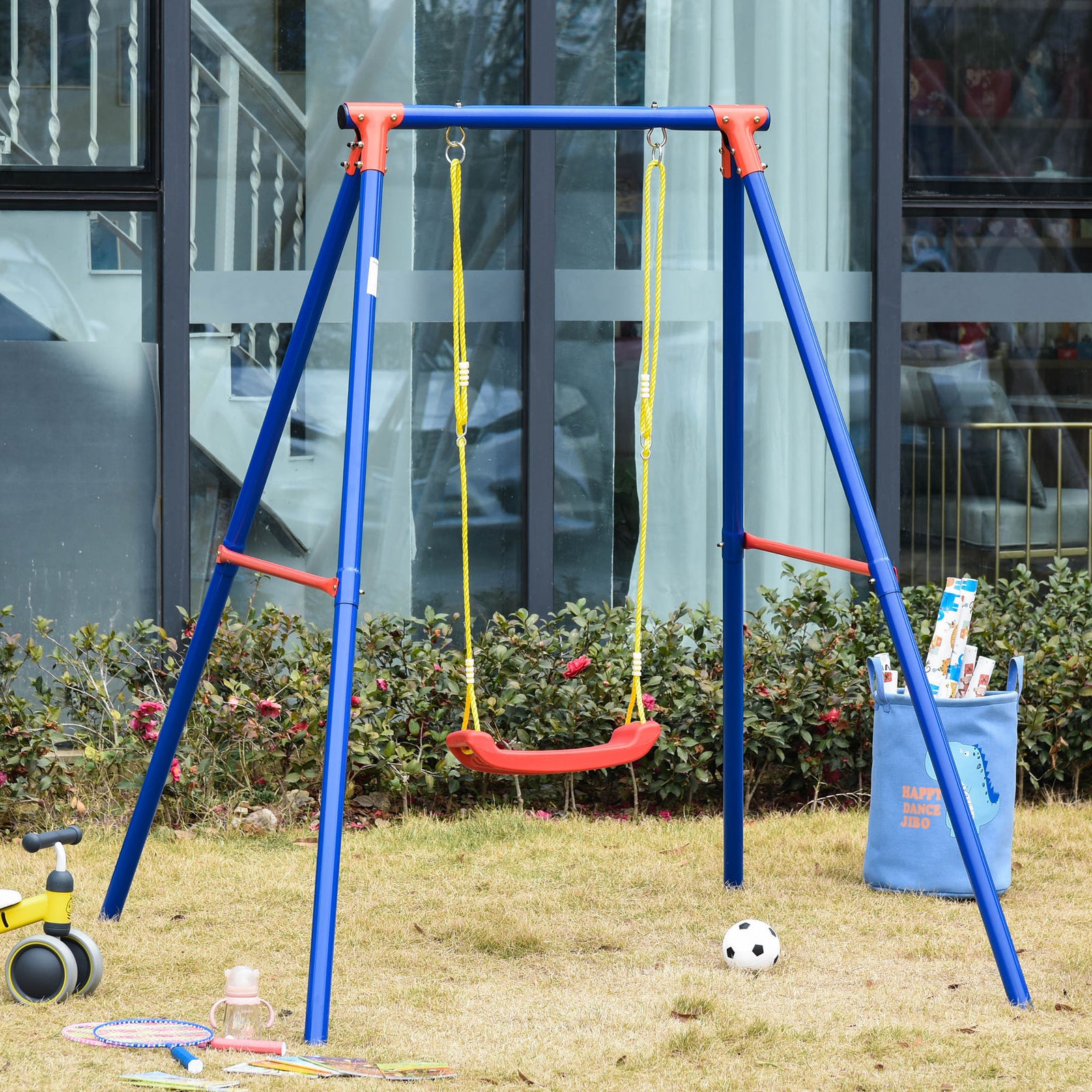 Metal Swing Set W/ Adjustable Rope A-frame Stand Outdoor Playset