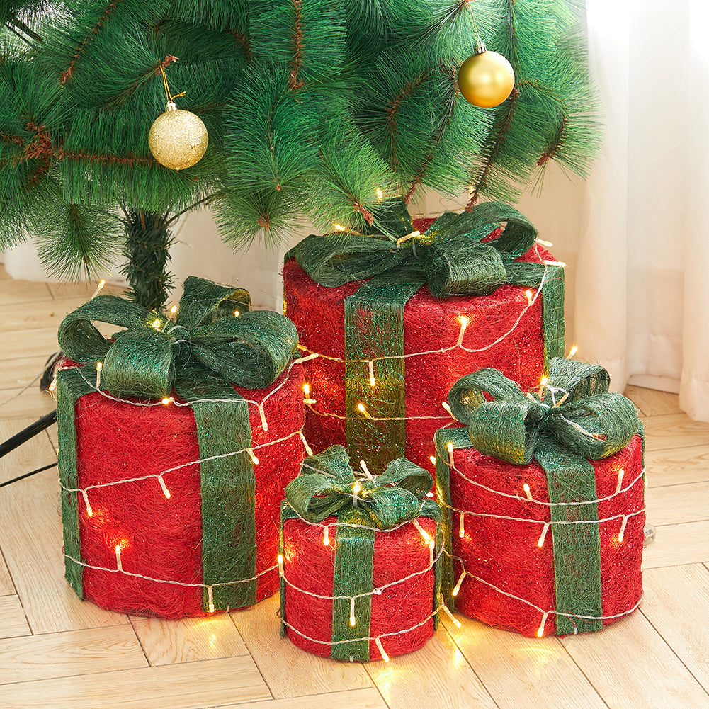4pcs Christmas Gift Box Decorations With Led String Lights | Red
