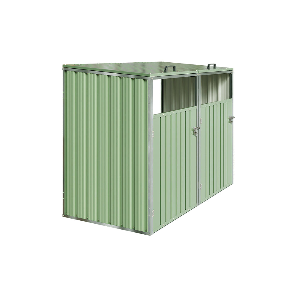 2 Bin Storage Shed – Heavy-duty Galvanized Steel Outdoor Bin Store With Lift-up Lids & Lockable Doors | Light Green