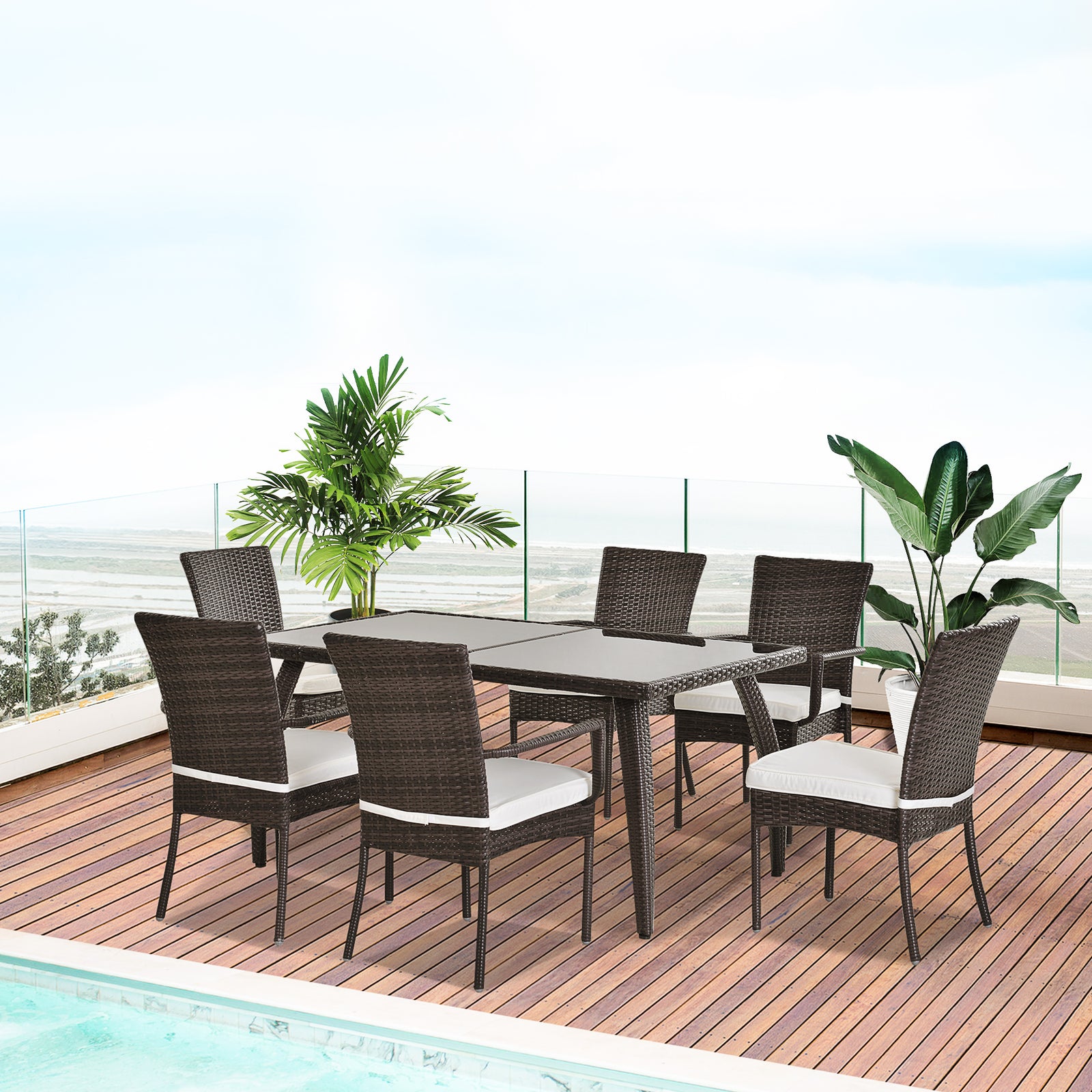 6 Seater Rattan Dining Set With Rectangular Glass Top Table | Brown