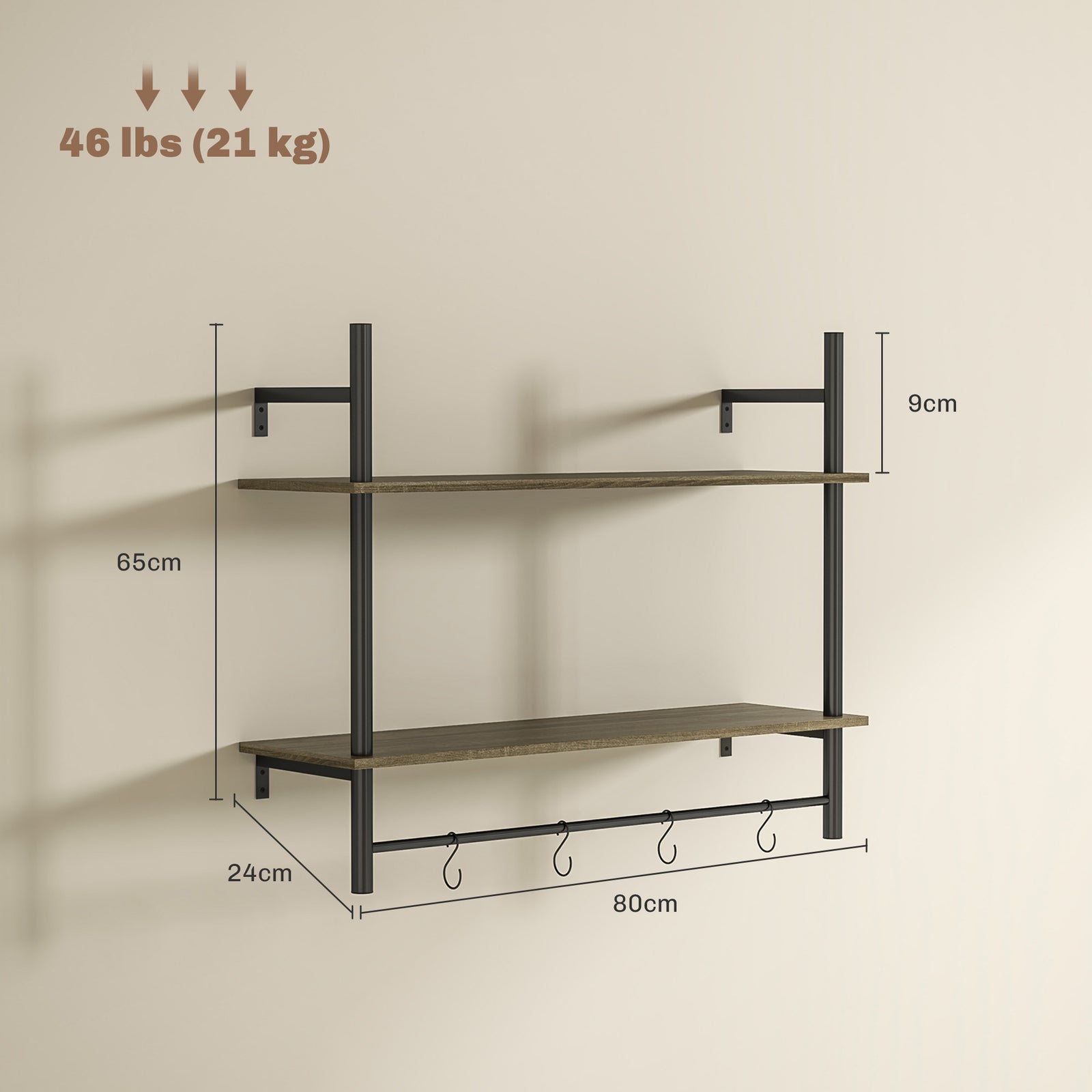 Wall Shelf Unit With 4 Hooks For Living Room, Entryway | One Size