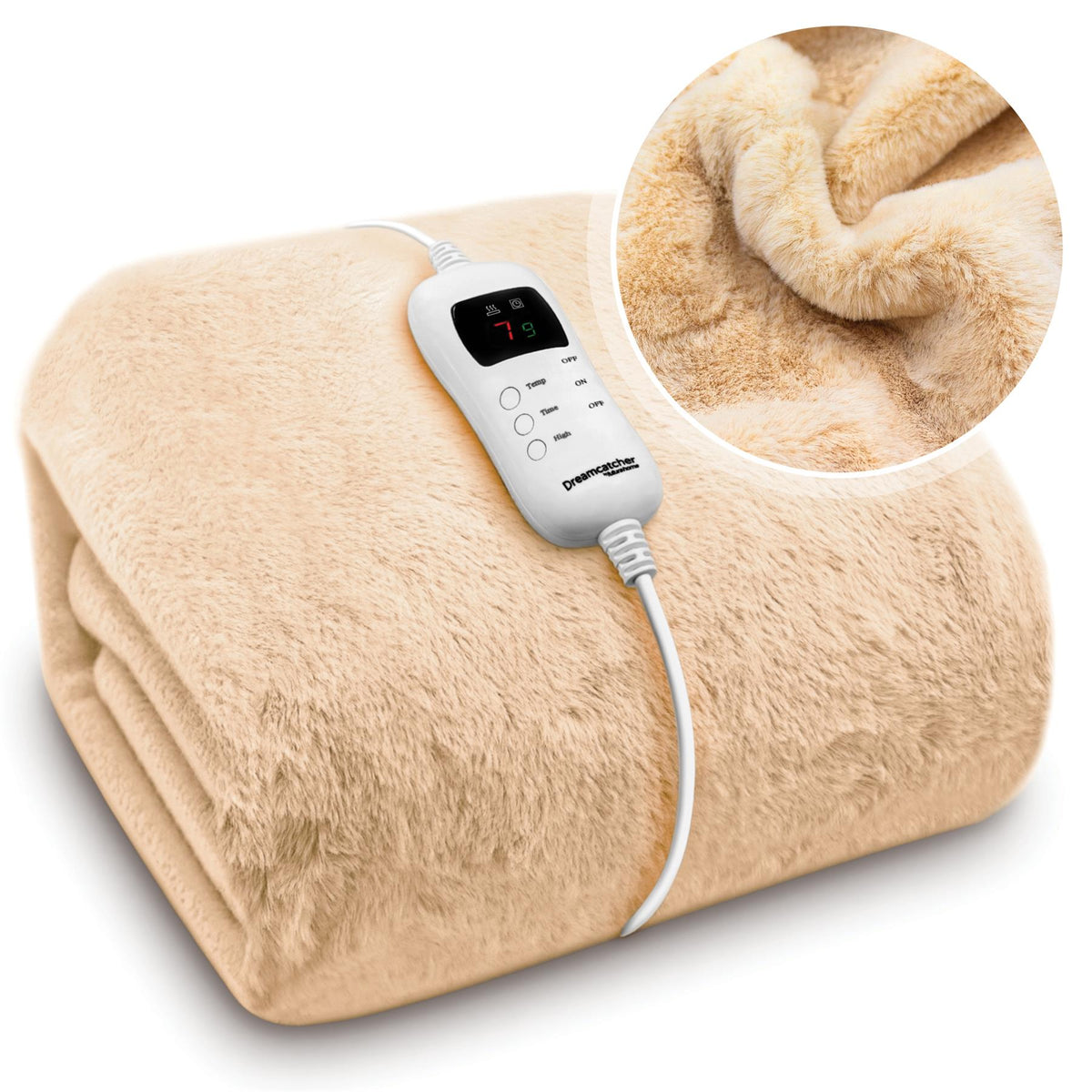 Heated Throw Faux Fur Electric Blanket 160 X 130cm Thermal Blanket & Timer 9 Heat Settings | Double | Cream