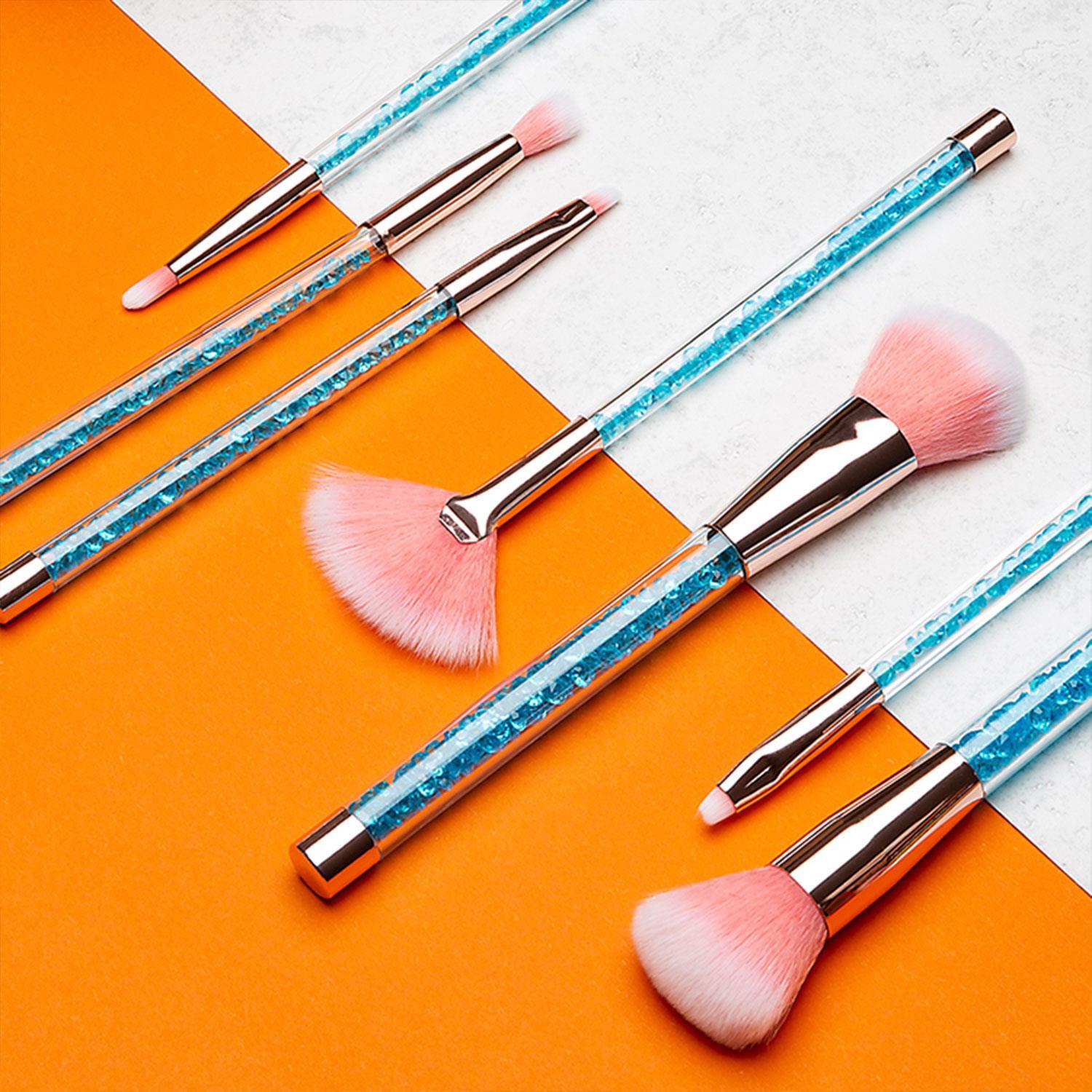 Aquarius Cosmic Makeup Brush Set 7 Piece Turquoise Liquid Glitter Handle Beauty Tool Kit