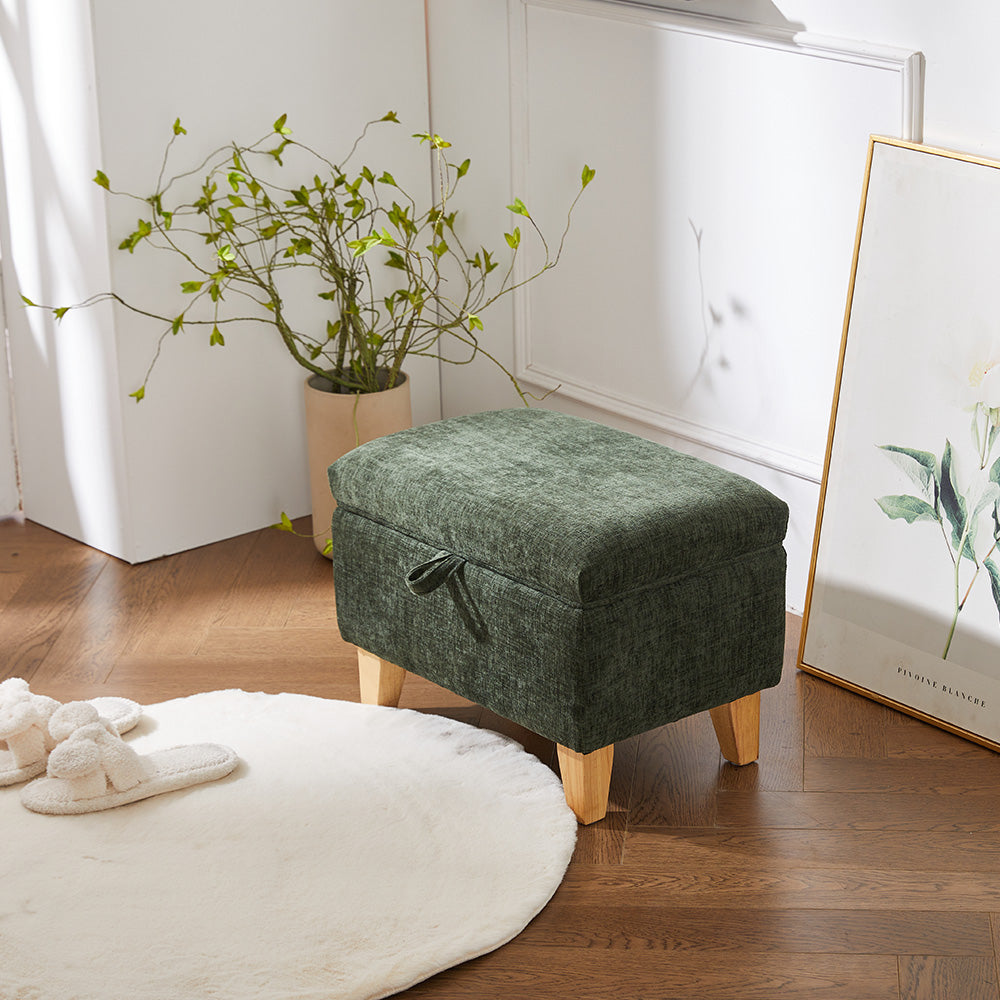 Chenille Upholstered Storage Ottoman Compact Footstool With Hidden Storage | Small | Green