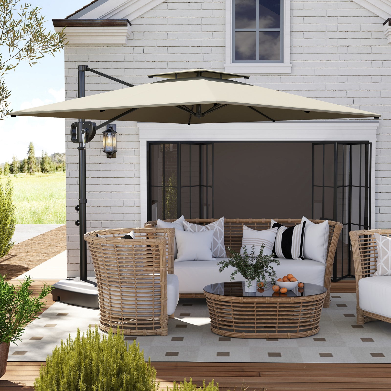 Garden Cantilever Parasol W/ Weighted Base Tilt Crank | Light Grey