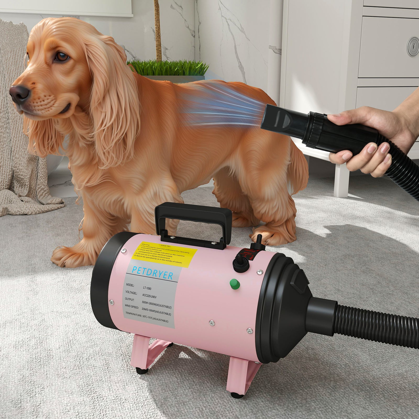 2200w Dog Hair Dryer, Pet Grooming Hair Dryer With 3 Different Nozzles | Pink
