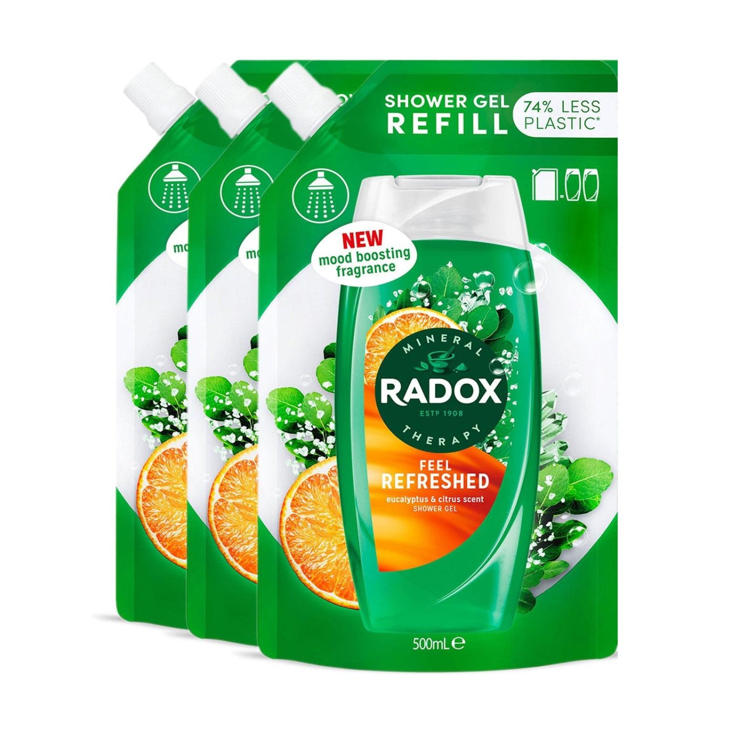 Mineral Therapy Shower Gel Refill Pouch Feel Refreshed, 500ml, 3pk | 3 | Green