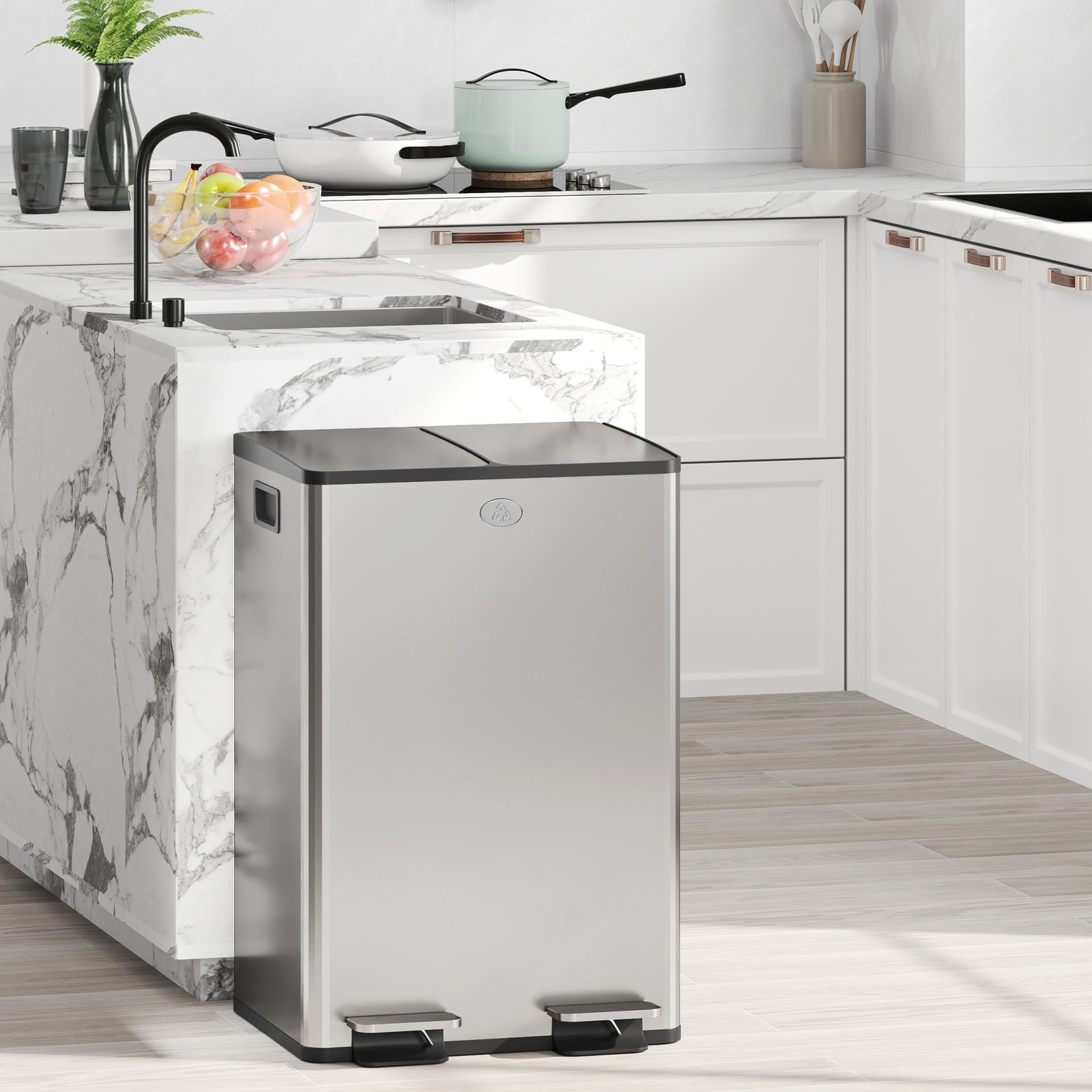 2 X 28l Dual Kitchen Bin Pedal Bin For Recycling And Waste | Silver