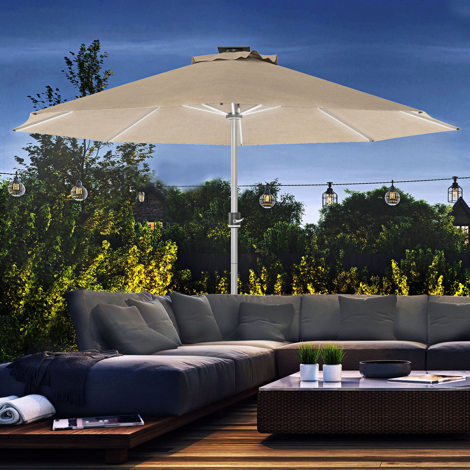Garden Parasol W/ Usb & Solar Led Lights, Crank Handle | Khaki