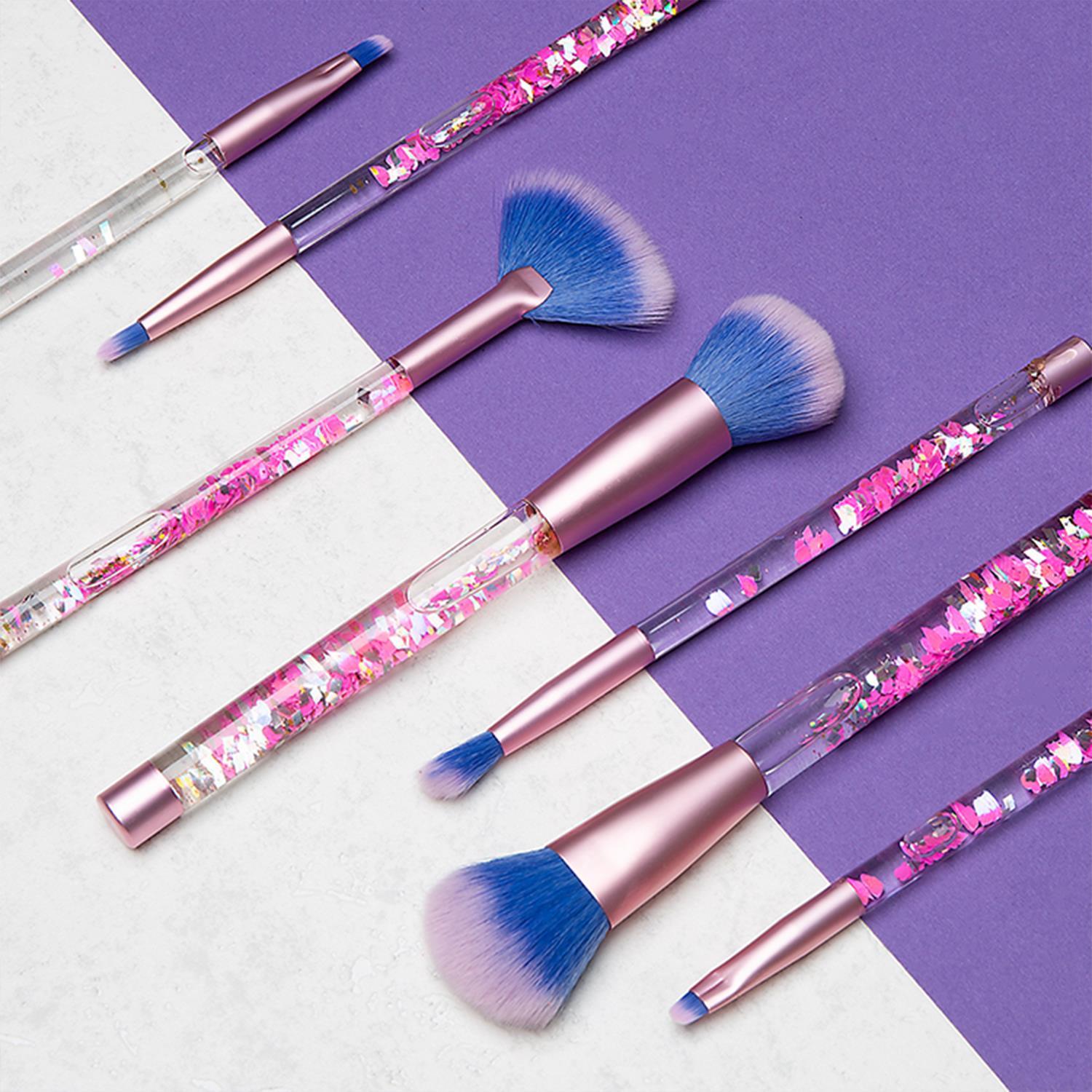 Aquarius Cosmic Makeup Brush Set 7 Piece Pink Purple Liquid Glitter Handle Beauty Kit